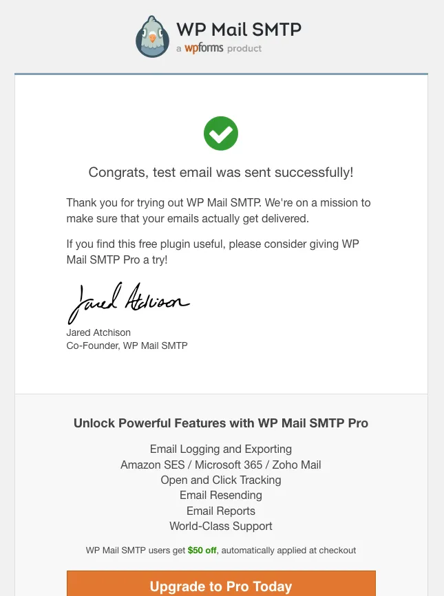 WP Mail SMTP テストメール受信イメージ